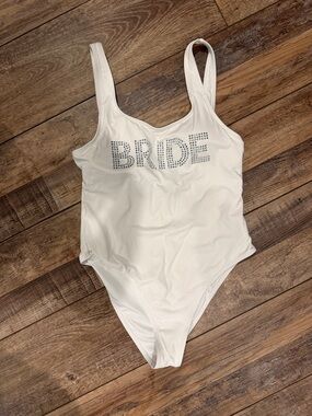 David's Bridal White 'BRIDE' One-Piece Swimsuit